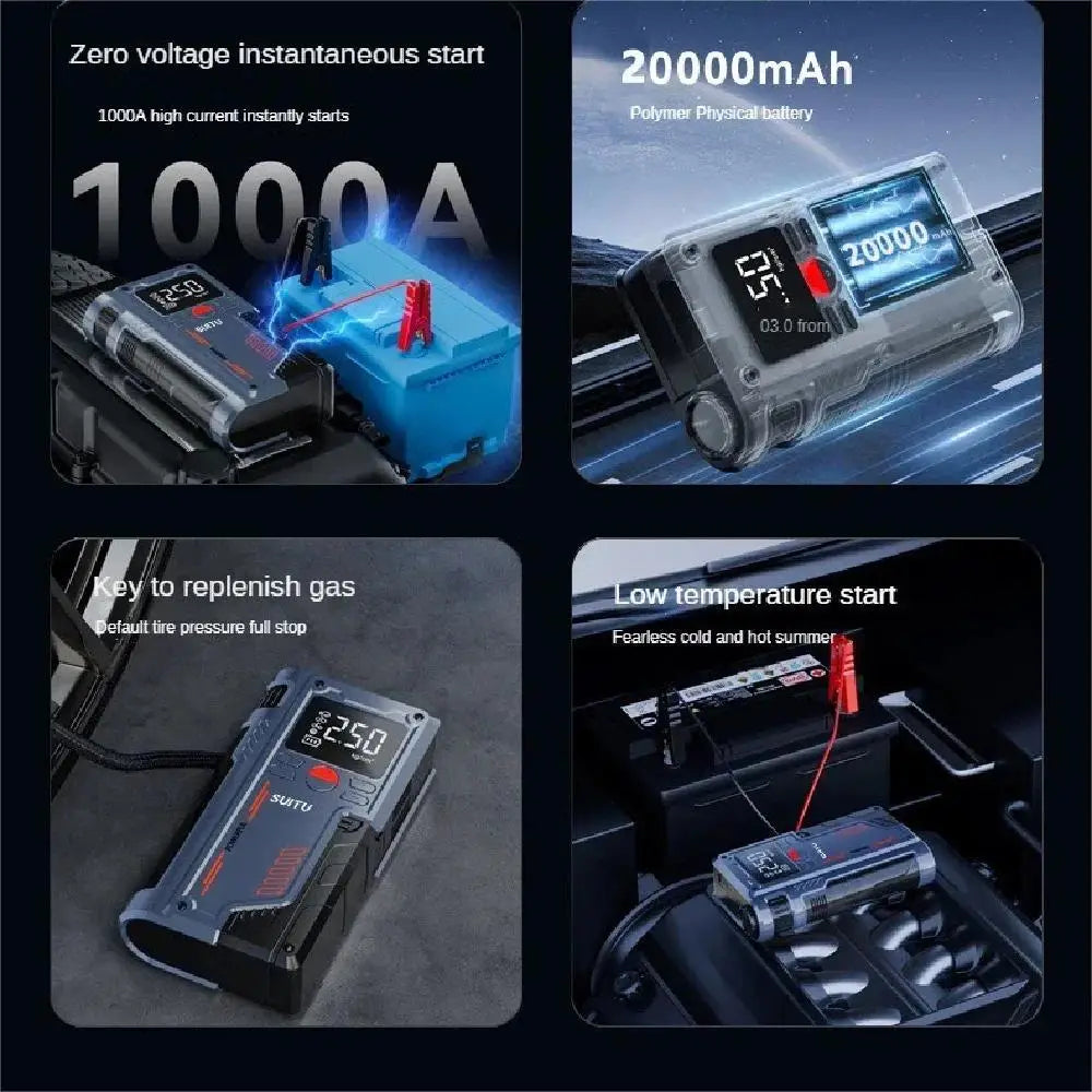 4 In 1 Car Jump Starter With 150PSI Air Compressor 20000mAh Portable Booster Charger 1000A Powerful Car Battery Starting Device