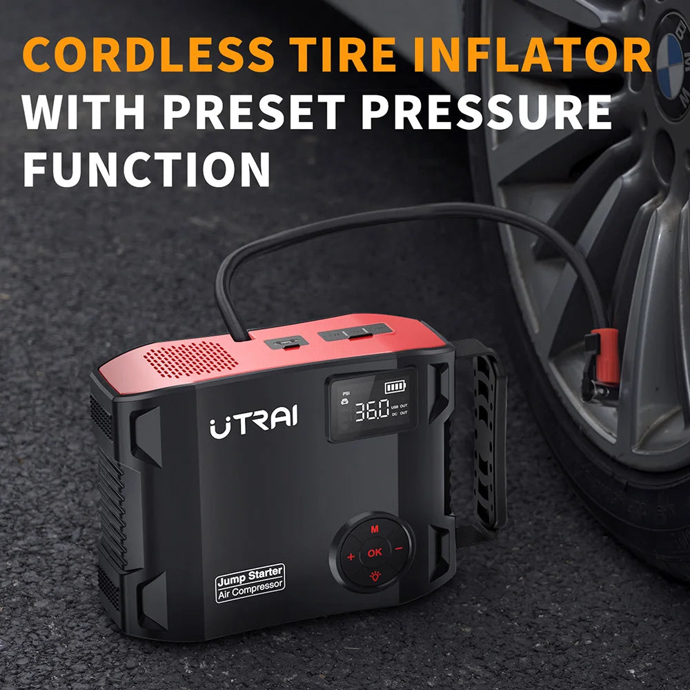 UTRAI 2000A 4 In 1 Jump Starter Power Bank 150PSI Air Compressor Tire Pump Portable Charger Car Booster Starting Device